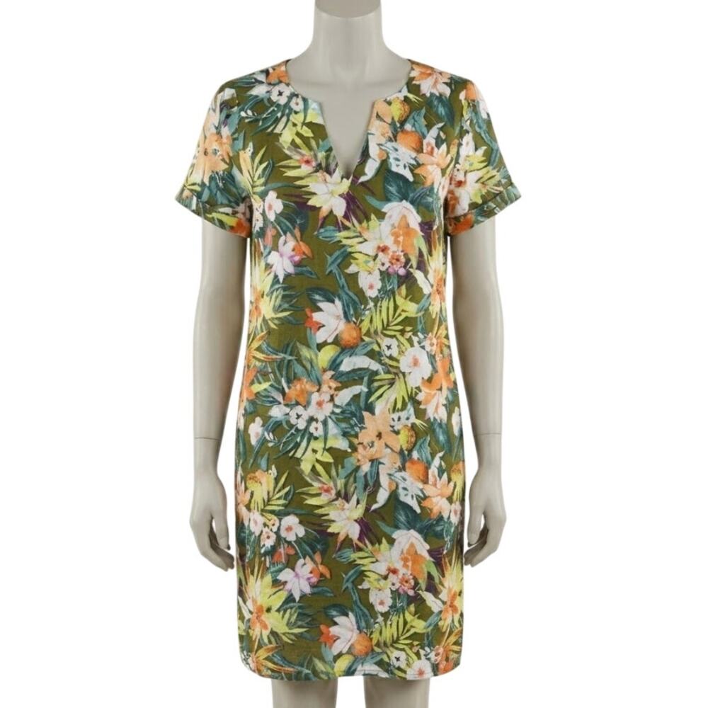 Capture Dress Size 10 Green Orange Yellow Floral Linen Blend Pockets Tropical